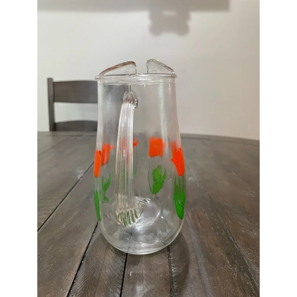 Vintage Red Tulip 1 Quart Glass‎ Pitcher Floral Juice Drink